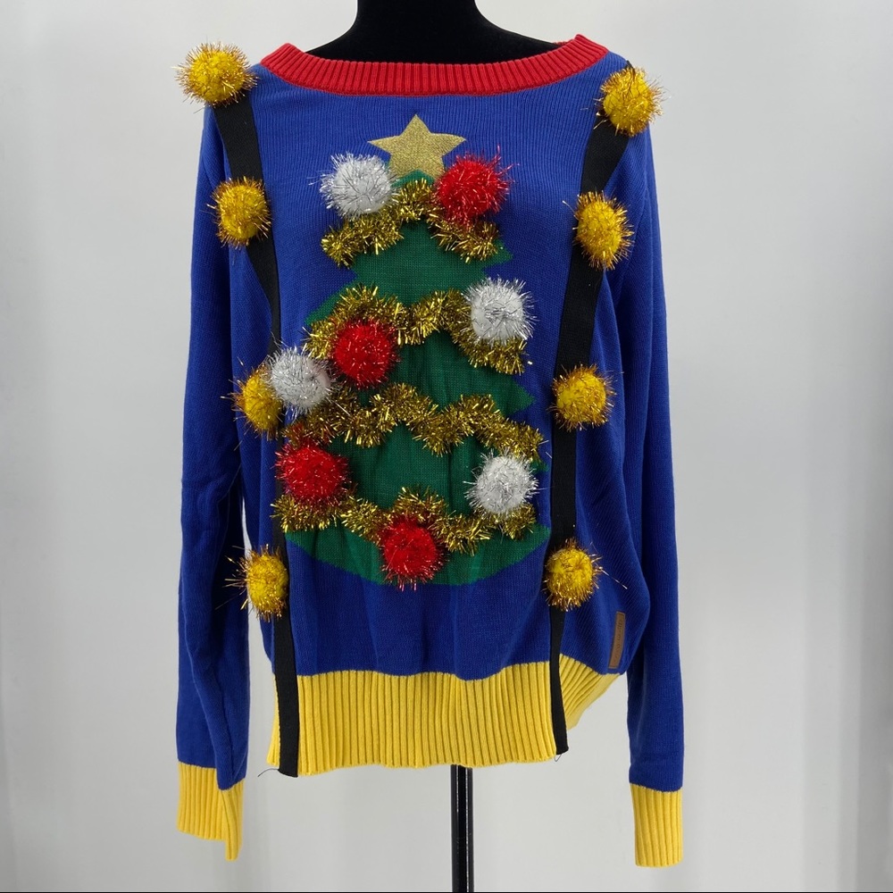 Tipsy Elves Ugly Christmas Sweater Tree Ornaments Blue Yellow Red 3D